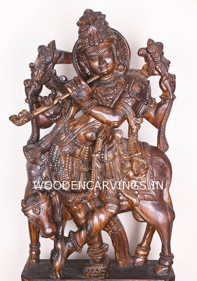 Bansuri Krishna Standing With Cow Detaily Handmade Fine Polished Finishing Wooden Sculpture 38"