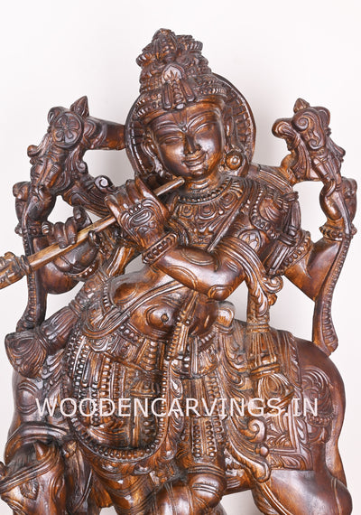 Bansuri Krishna Standing With Cow Detaily Handmade Fine Polished Finishing Wooden Sculpture 38"