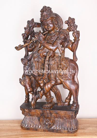 Bansuri Krishna Standing With Cow Detaily Handmade Fine Polished Finishing Wooden Sculpture 38"