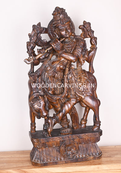 Bansuri Krishna Standing With Cow Detaily Handmade Fine Polished Finishing Wooden Sculpture 38"