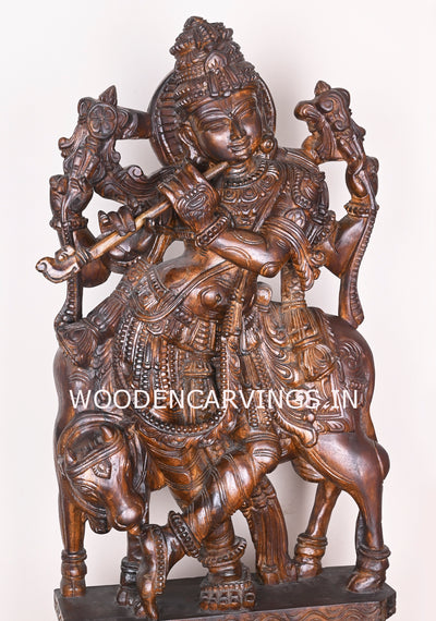 Bansuri Krishna Standing With Cow Detaily Handmade Fine Polished Finishing Wooden Sculpture 38"