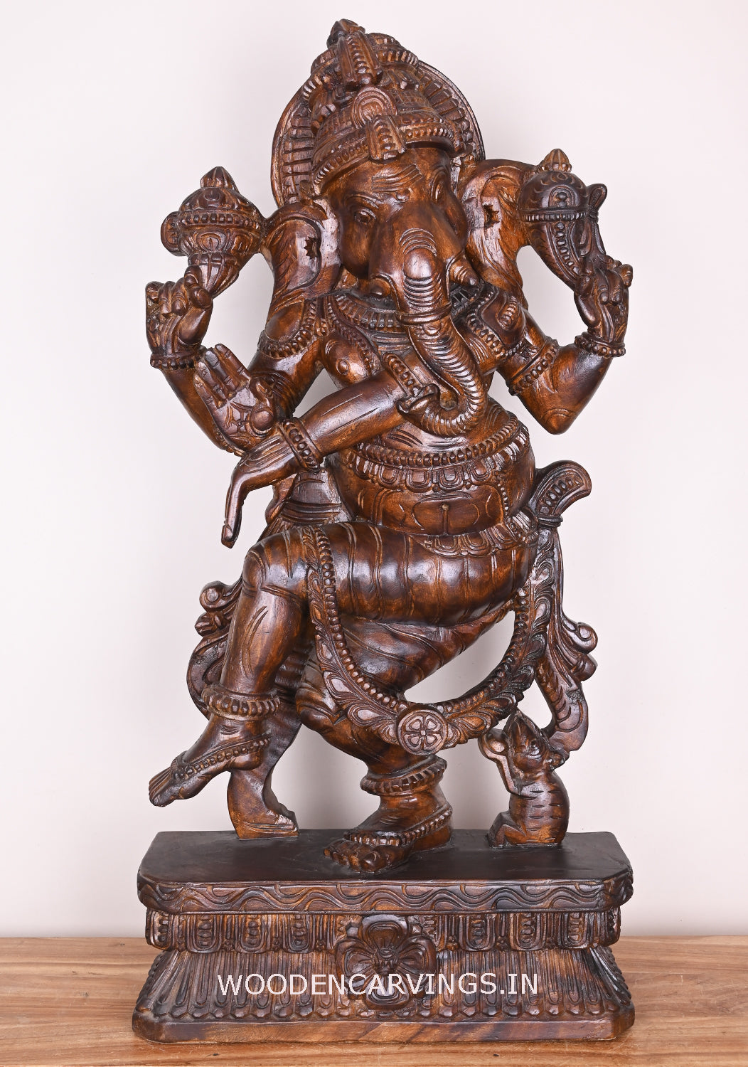 Murthi Ganesha For Your Pooja Room Dancing With His Vahana Mouse Fine Polished Finishing Sculpture 38"