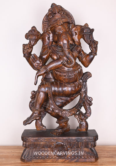 Murthi Ganesha For Your Pooja Room Dancing With His Vahana Mouse Fine Polished Finishing Sculpture 38"