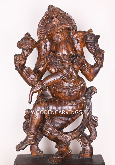 Murthi Ganesha For Your Pooja Room Dancing With His Vahana Mouse Fine Polished Finishing Sculpture 38"