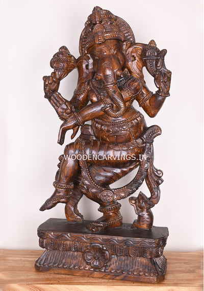 Murthi Ganesha For Your Pooja Room Dancing With His Vahana Mouse Fine Polished Finishing Sculpture 38"