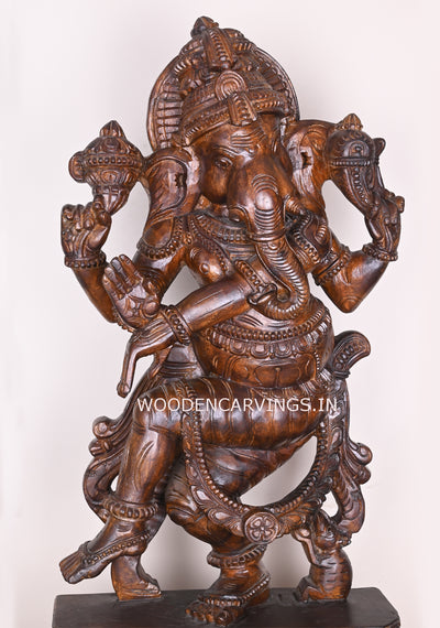 Murthi Ganesha For Your Pooja Room Dancing With His Vahana Mouse Fine Polished Finishing Sculpture 38"