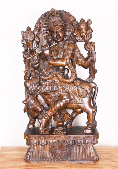 Arch Flute Krishna Fine Polished Finishing Standing With Cow Wooden Handmade Showpiece Sculpture 36"