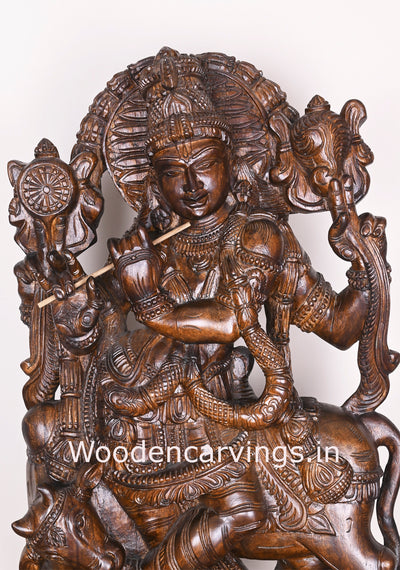 Arch Flute Krishna Fine Polished Finishing Standing With Cow Wooden Handmade Showpiece Sculpture 36"
