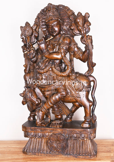 Arch Flute Krishna Fine Polished Finishing Standing With Cow Wooden Handmade Showpiece Sculpture 36"