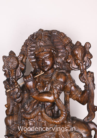 Arch Flute Krishna Fine Polished Finishing Standing With Cow Wooden Handmade Showpiece Sculpture 36"