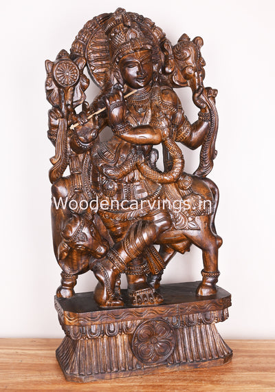 Arch Flute Krishna Fine Polished Finishing Standing With Cow Wooden Handmade Showpiece Sculpture 36"