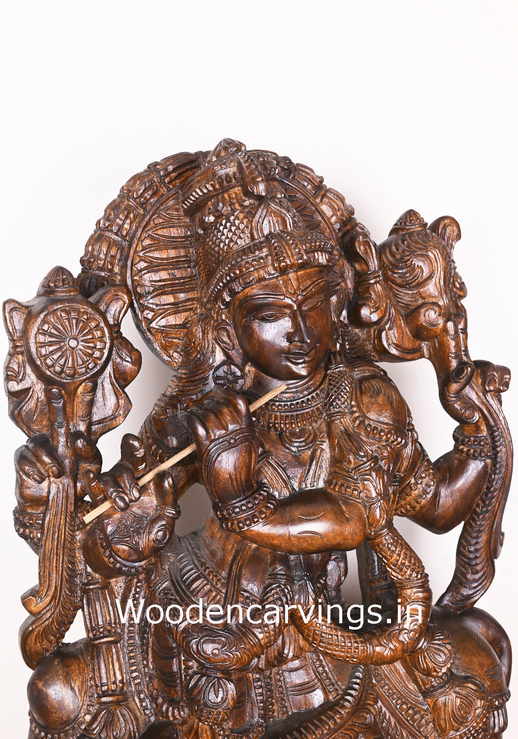Arch Flute Krishna Fine Polished Finishing Standing With Cow Wooden Handmade Showpiece Sculpture 36"