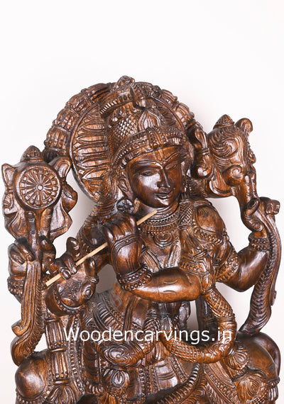 Arch Flute Krishna Fine Polished Finishing Standing With Cow Wooden Handmade Showpiece Sculpture 36"