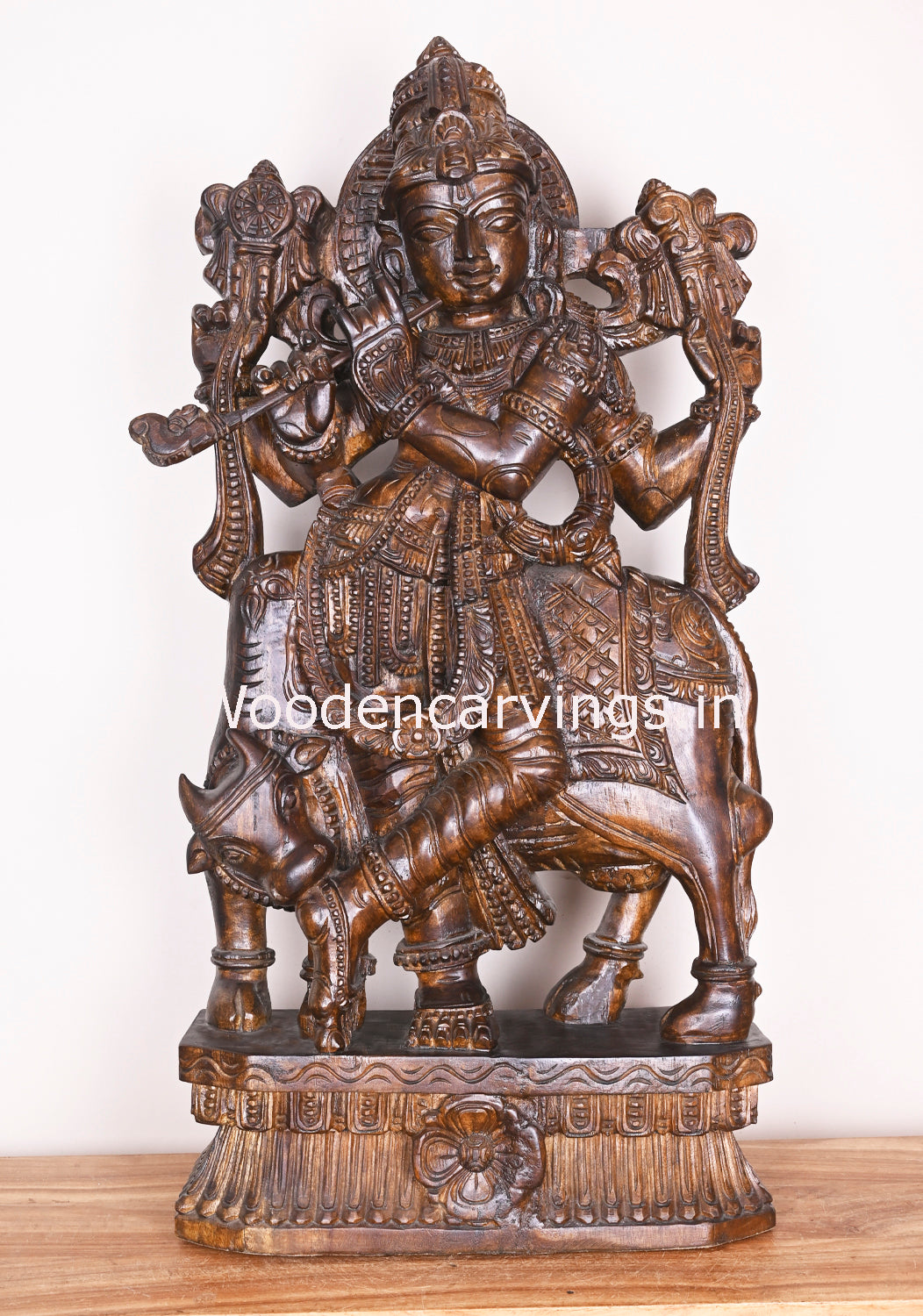 Shri Krishna Govindha Playing With Flute Standing With Cow Wooden Handmade Polished Fine Sculpture 37"