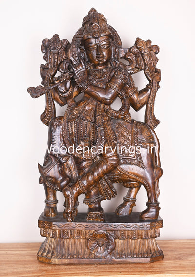 Shri Krishna Govindha Playing With Flute Standing With Cow Wooden Handmade Polished Fine Sculpture 37"