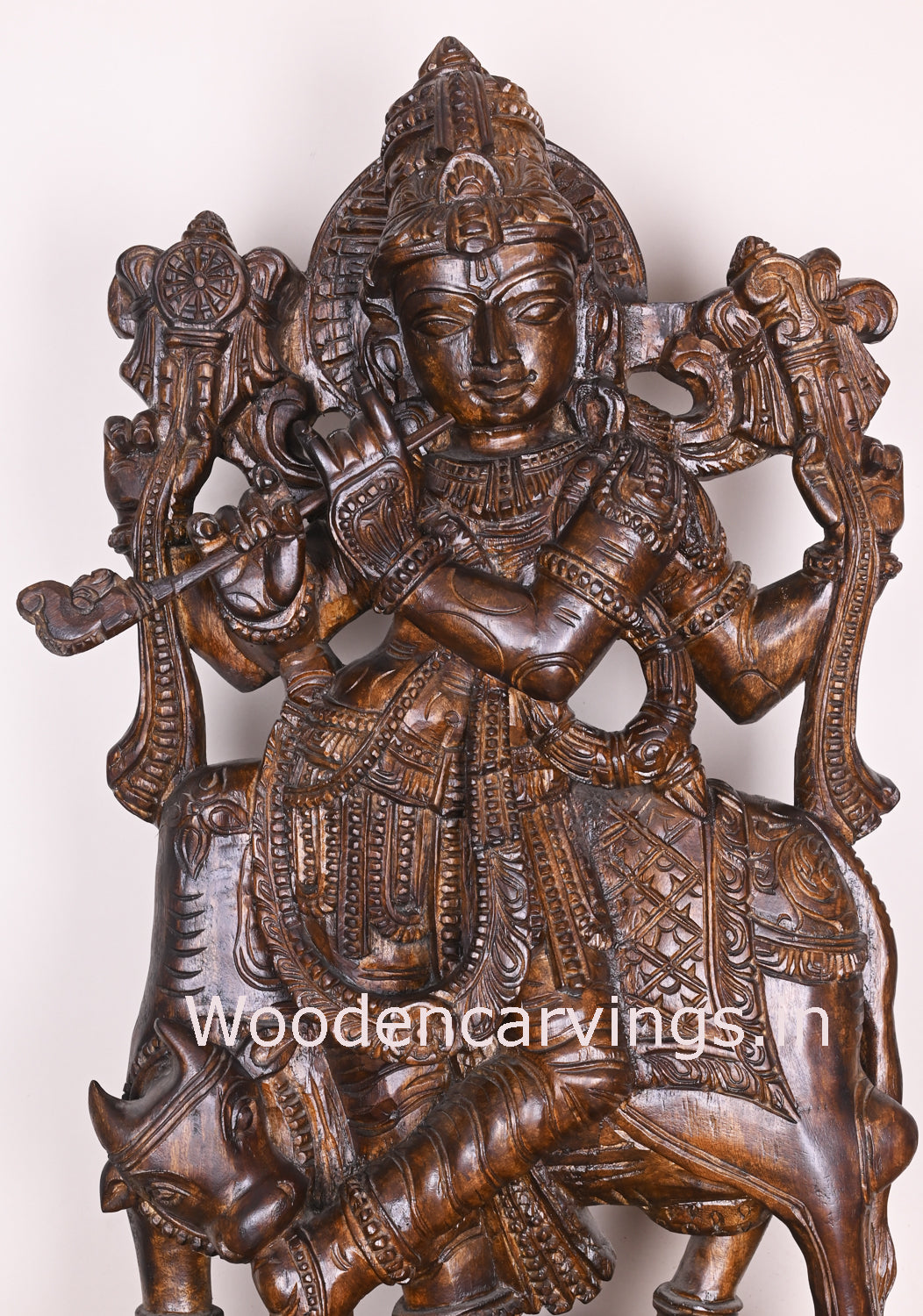 Shri Krishna Govindha Playing With Flute Standing With Cow Wooden Handmade Polished Fine Sculpture 37"