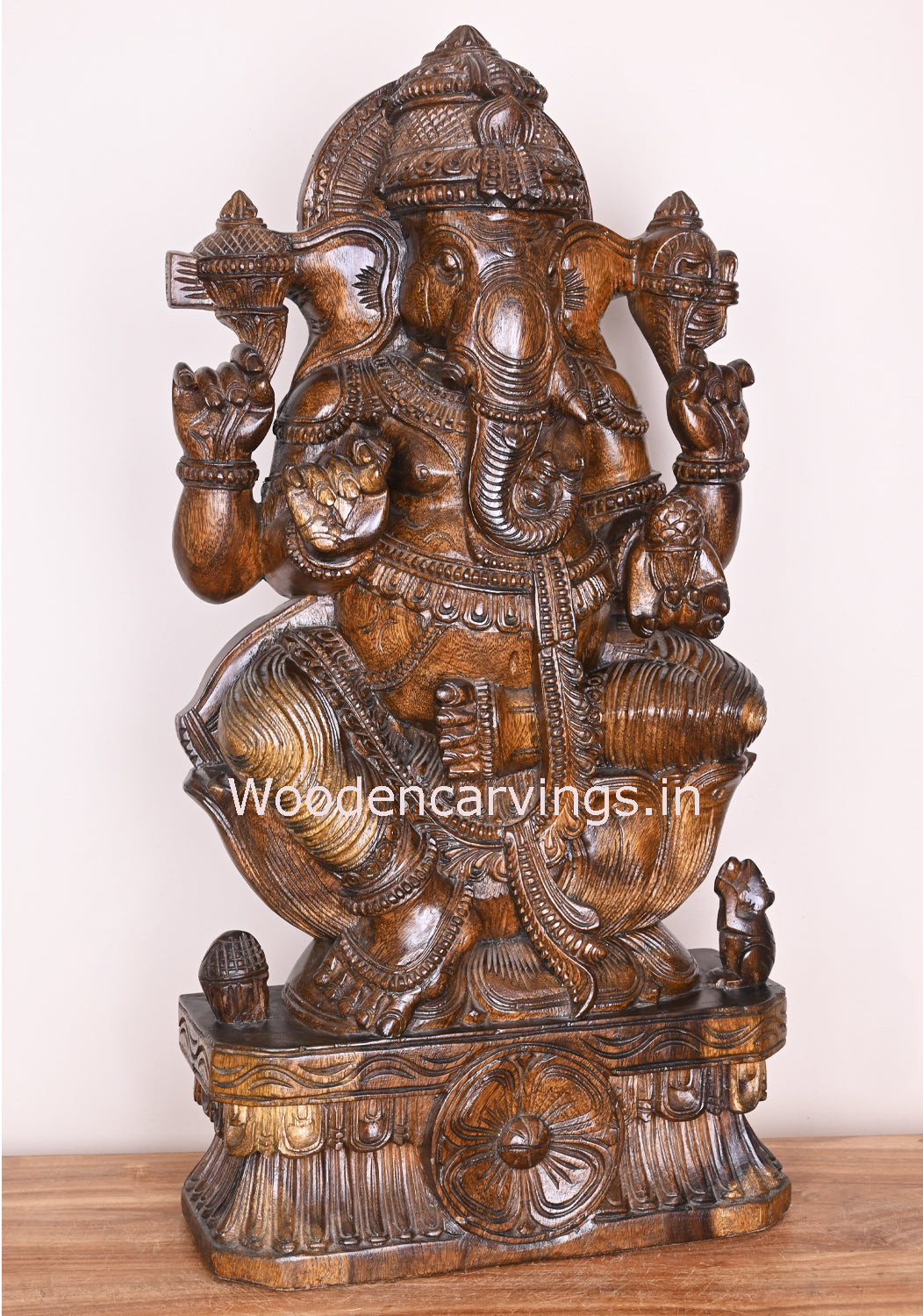 Left Trunk Ganapathi Calmly Seated on Flower Lotus Handmade Polished Finishing Home Decor Sculpture 31"