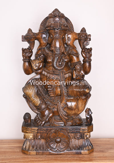 Left Trunk Ganapathi Calmly Seated on Flower Lotus Handmade Polished Finishing Home Decor Sculpture 31"