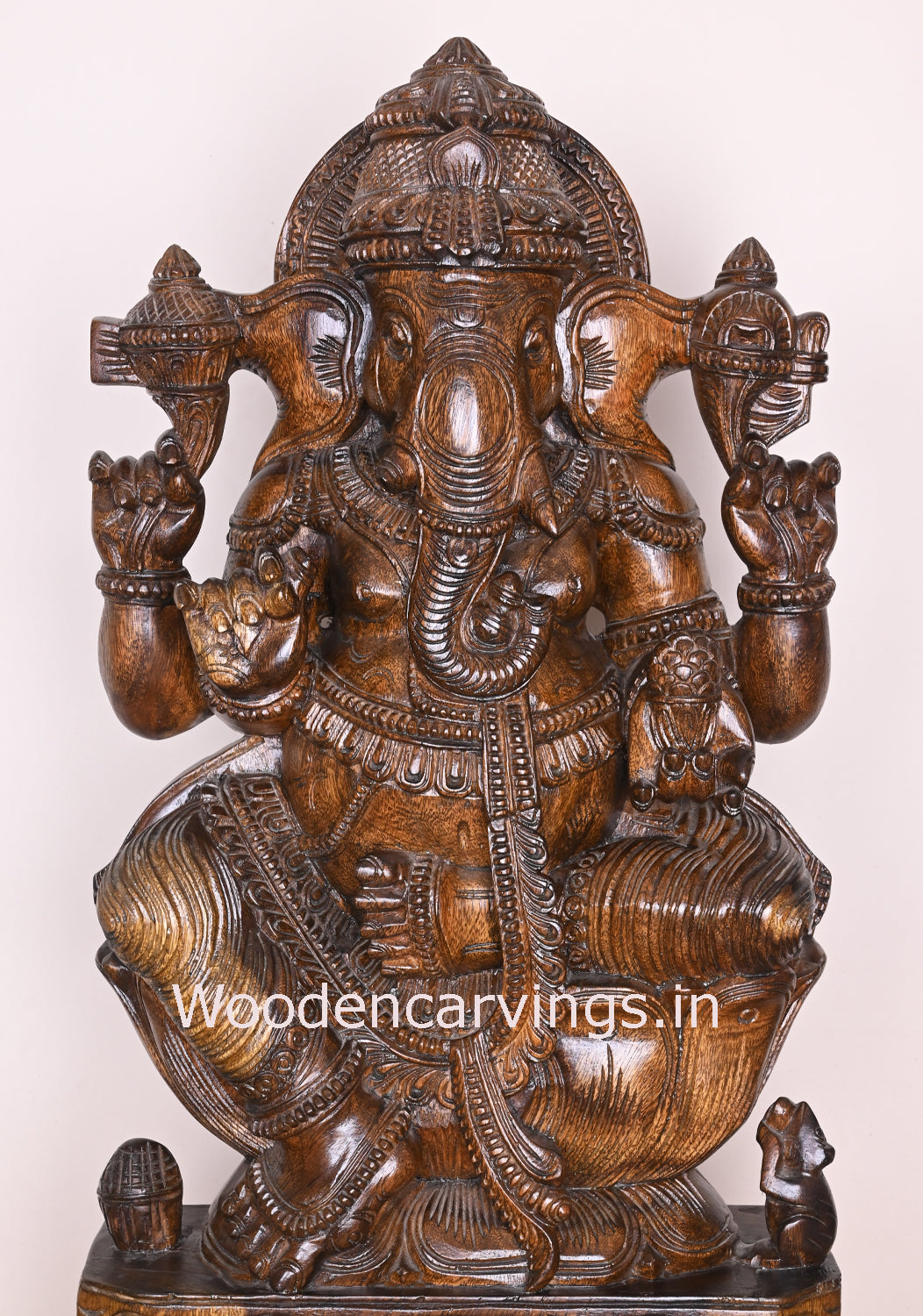 Left Trunk Ganapathi Calmly Seated on Flower Lotus Handmade Polished Finishing Home Decor Sculpture 31"
