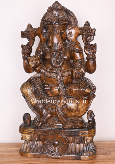 Left Trunk Ganapathi Calmly Seated on Flower Lotus Handmade Polished Finishing Home Decor Sculpture 31"
