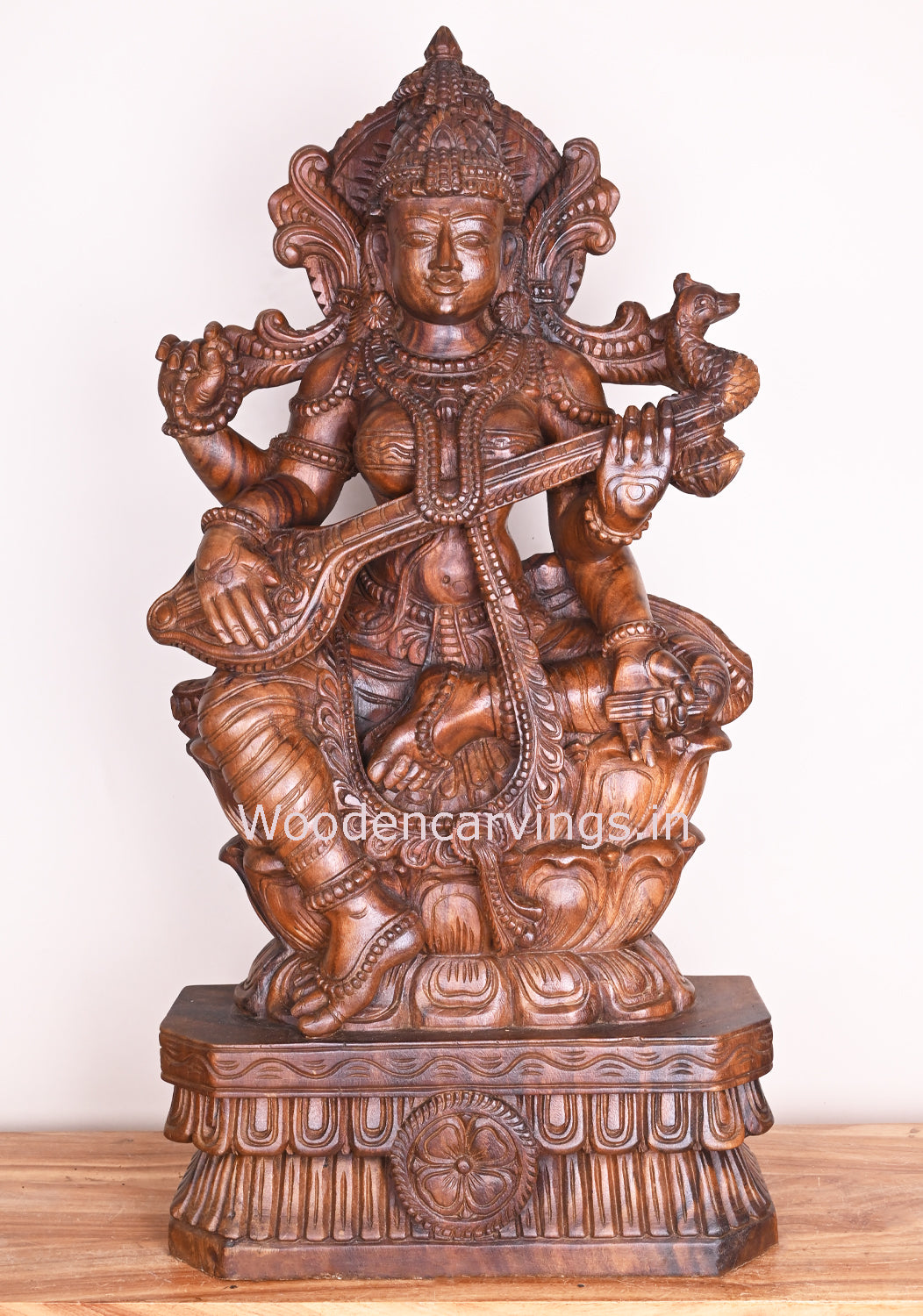 Detaily carved Attractive Gorgeous Devi Saraswathi Holding Veena Wax Brown Showpiece Sculpture 36"
