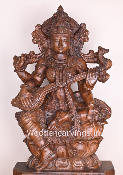 Detaily carved Attractive Gorgeous Devi Saraswathi Holding Veena Wax Brown Showpiece Sculpture 36"