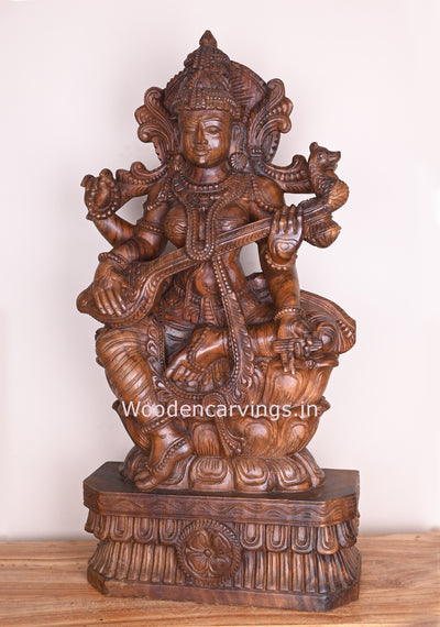 Detaily carved Attractive Gorgeous Devi Saraswathi Holding Veena Wax Brown Showpiece Sculpture 36"