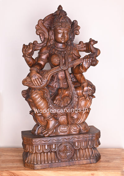 Detaily carved Attractive Gorgeous Devi Saraswathi Holding Veena Wax Brown Showpiece Sculpture 36"