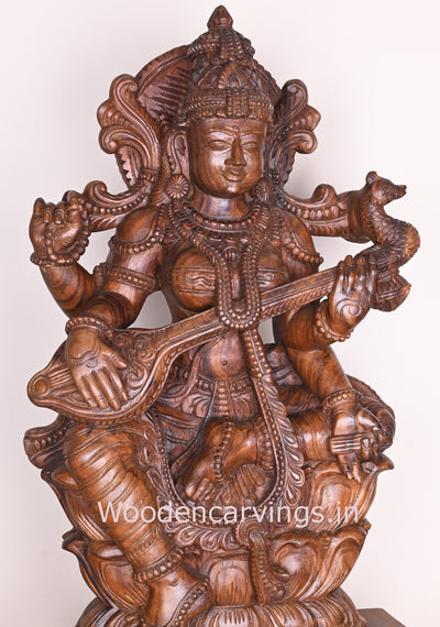 Detaily carved Attractive Gorgeous Devi Saraswathi Holding Veena Wax Brown Showpiece Sculpture 36"