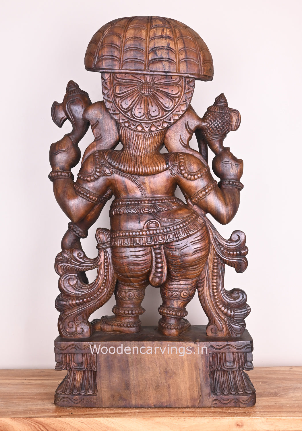 Remover of Obstacles Lord Ganapathi Holding Umbrella Standing on Base Wooden Handmade Sculpture 36"