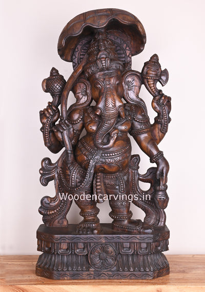 Remover of Obstacles Lord Ganapathi Holding Umbrella Standing on Base Wooden Handmade Sculpture 36"