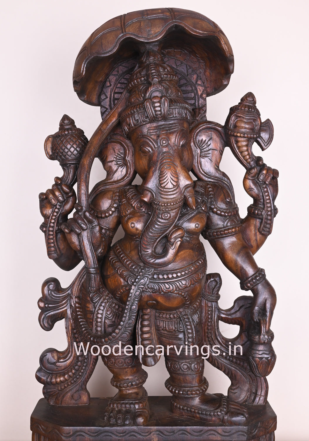 Remover of Obstacles Lord Ganapathi Holding Umbrella Standing on Base Wooden Handmade Sculpture 36"