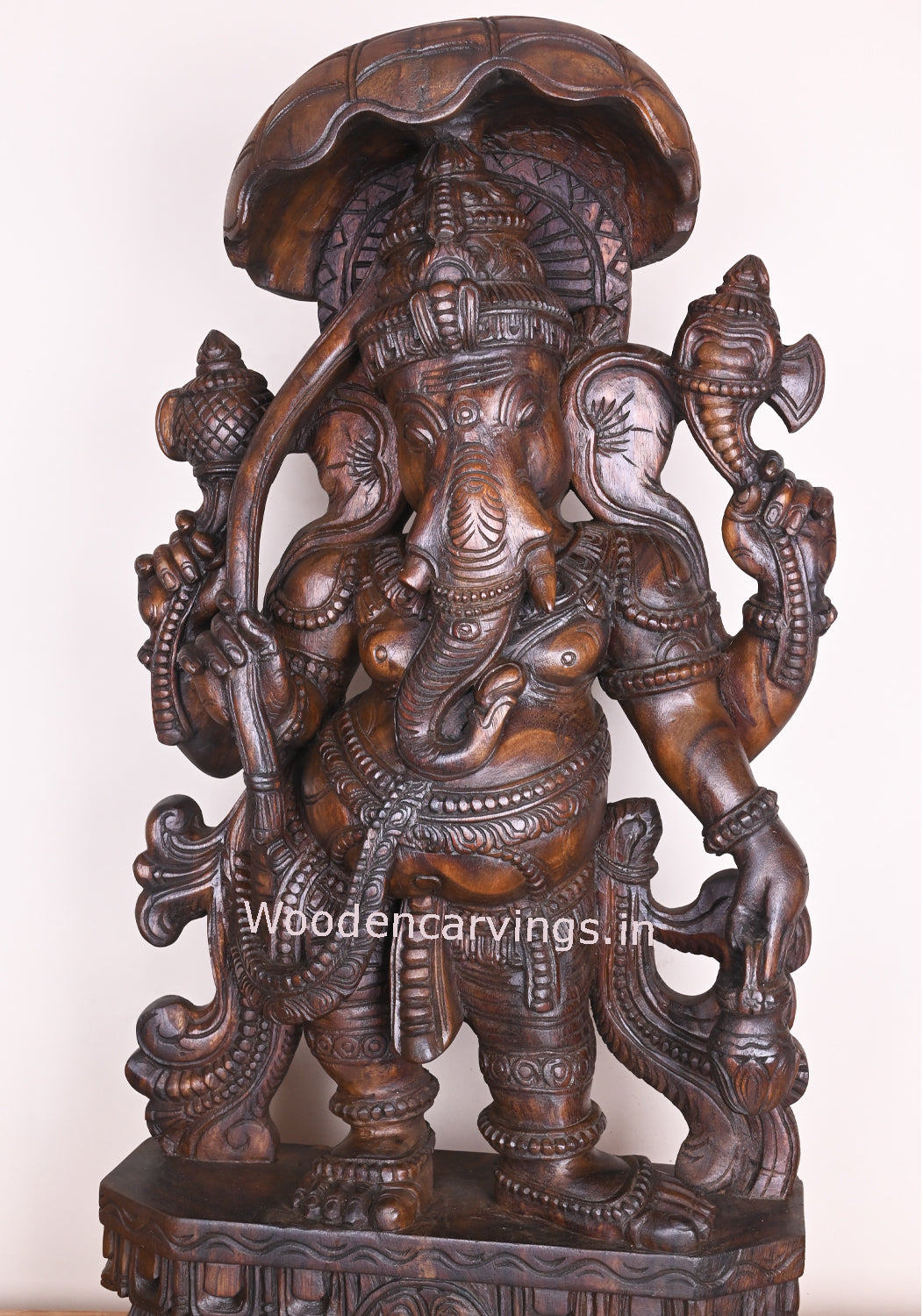 Remover of Obstacles Lord Ganapathi Holding Umbrella Standing on Base Wooden Handmade Sculpture 36"