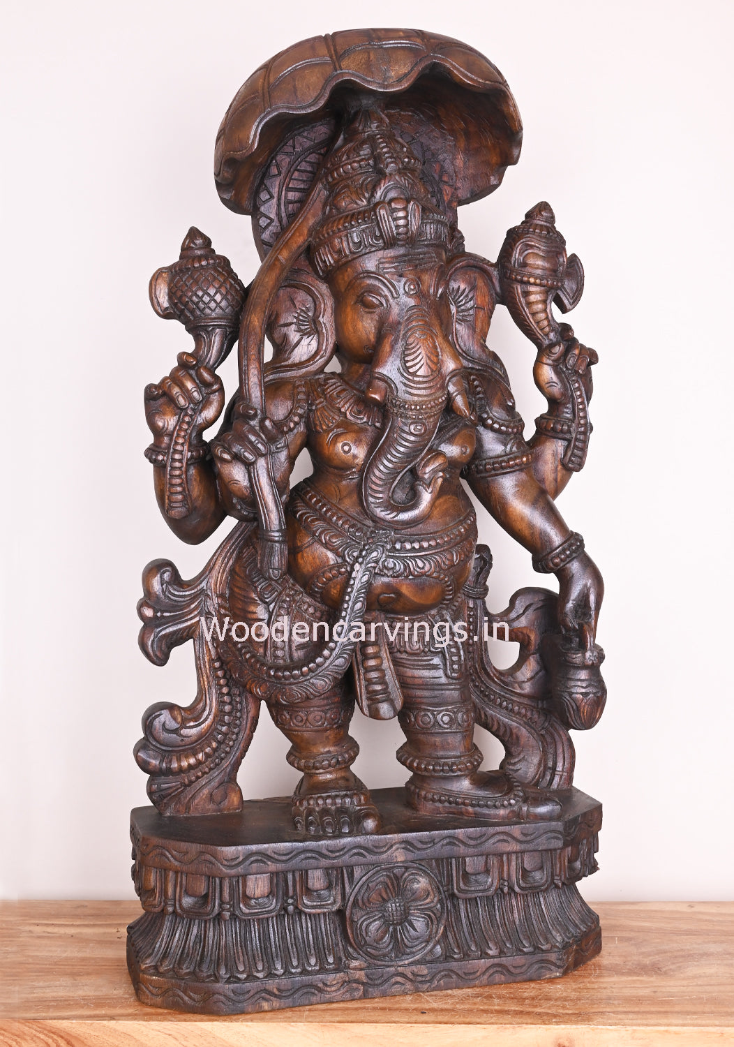 Remover of Obstacles Lord Ganapathi Holding Umbrella Standing on Base Wooden Handmade Sculpture 36"