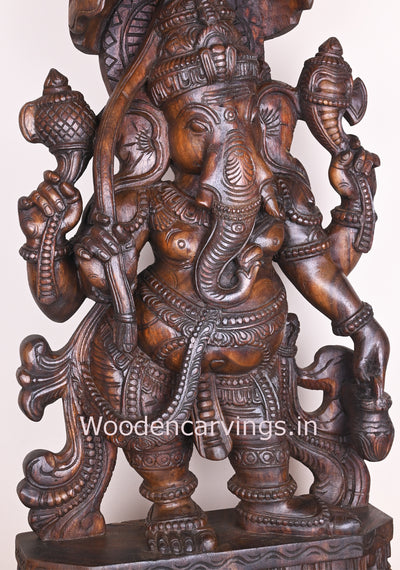 Remover of Obstacles Lord Ganapathi Holding Umbrella Standing on Base Wooden Handmade Sculpture 36"