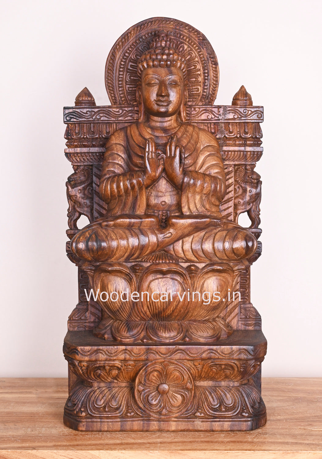 Lord Buddha Meditation on Petal Lotus in Dharma Chakra Mudra Handmade Wooden Sculpture 25"
