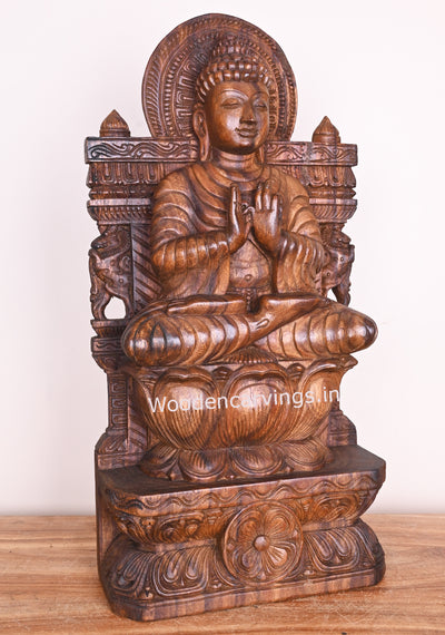 Lord Buddha Meditation on Petal Lotus in Dharma Chakra Mudra Handmade Wooden Sculpture 25"