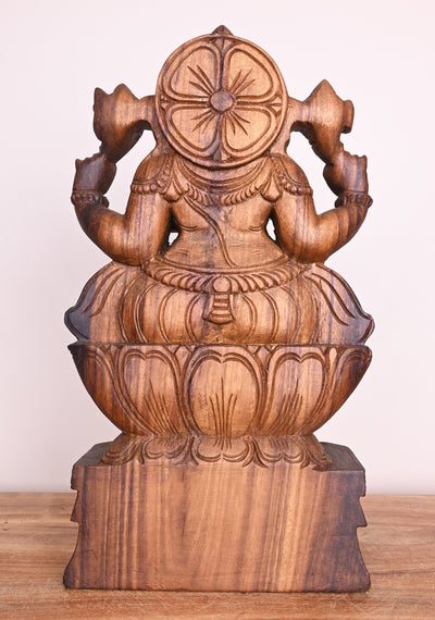 Lord Ganesha Eating Sweet Mango on Lotus Wooden Handmade Wax brown Sculpture 18"