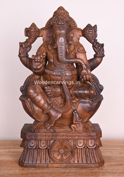 Lord Ganesha Eating Sweet Mango on Lotus Wooden Handmade Wax brown Sculpture 18"