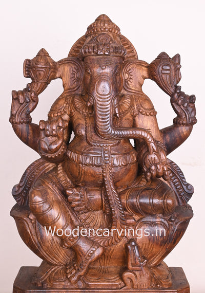 Lord Ganesha Eating Sweet Mango on Lotus Wooden Handmade Wax brown Sculpture 18"