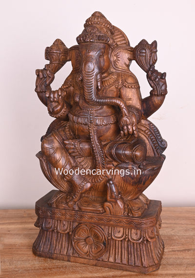 Lord Ganesha Eating Sweet Mango on Lotus Wooden Handmade Wax brown Sculpture 18"