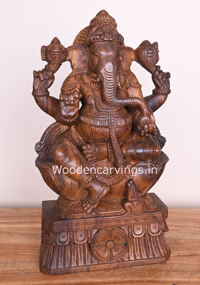 Lord Ganesha Eating Sweet Mango on Lotus Wooden Handmade Wax brown Sculpture 18"