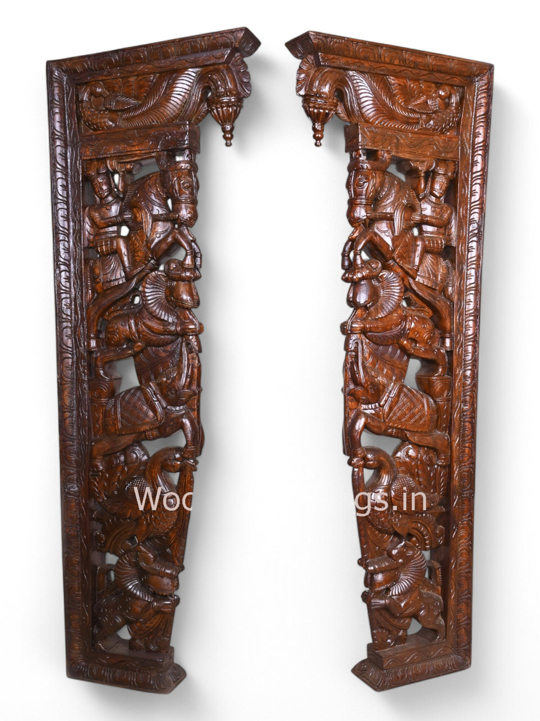 Warriors Ride on Upraised Paired Horse, Elephants, Lion and Hamsa Bird Door Decor Wall Brackets 56"