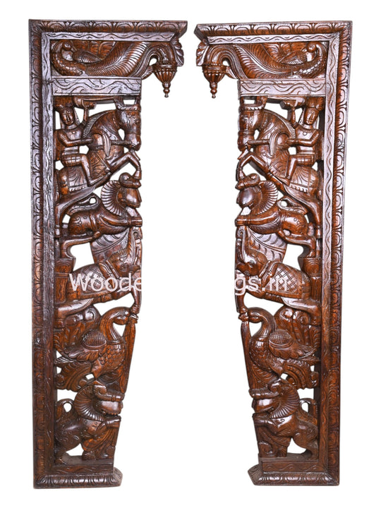 Warriors Ride on Upraised Paired Horse, Elephants, Lion and Hamsa Bird Door Decor Wall Brackets 56"