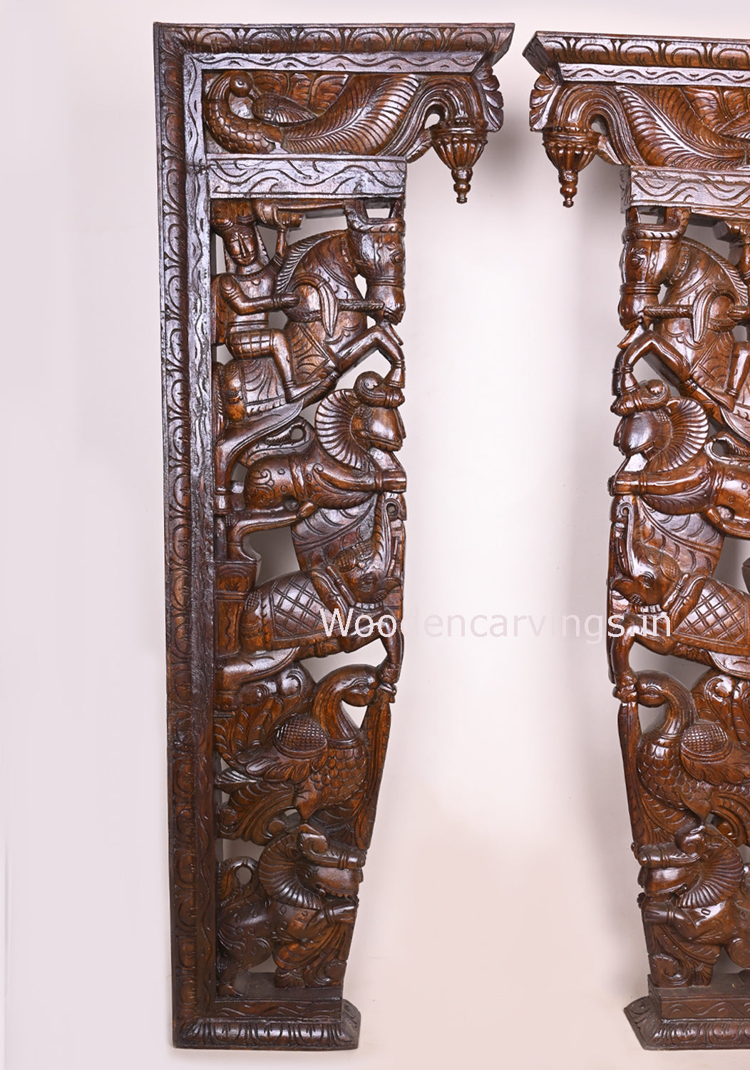 Warriors Ride on Upraised Paired Horse, Elephants, Lion and Hamsa Bird Door Decor Wall Brackets 56"