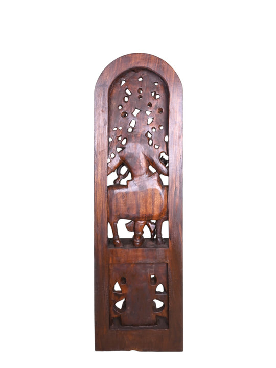 Standing Krishna with Flute & Cow – 60" Wooden Jali Wall Mount