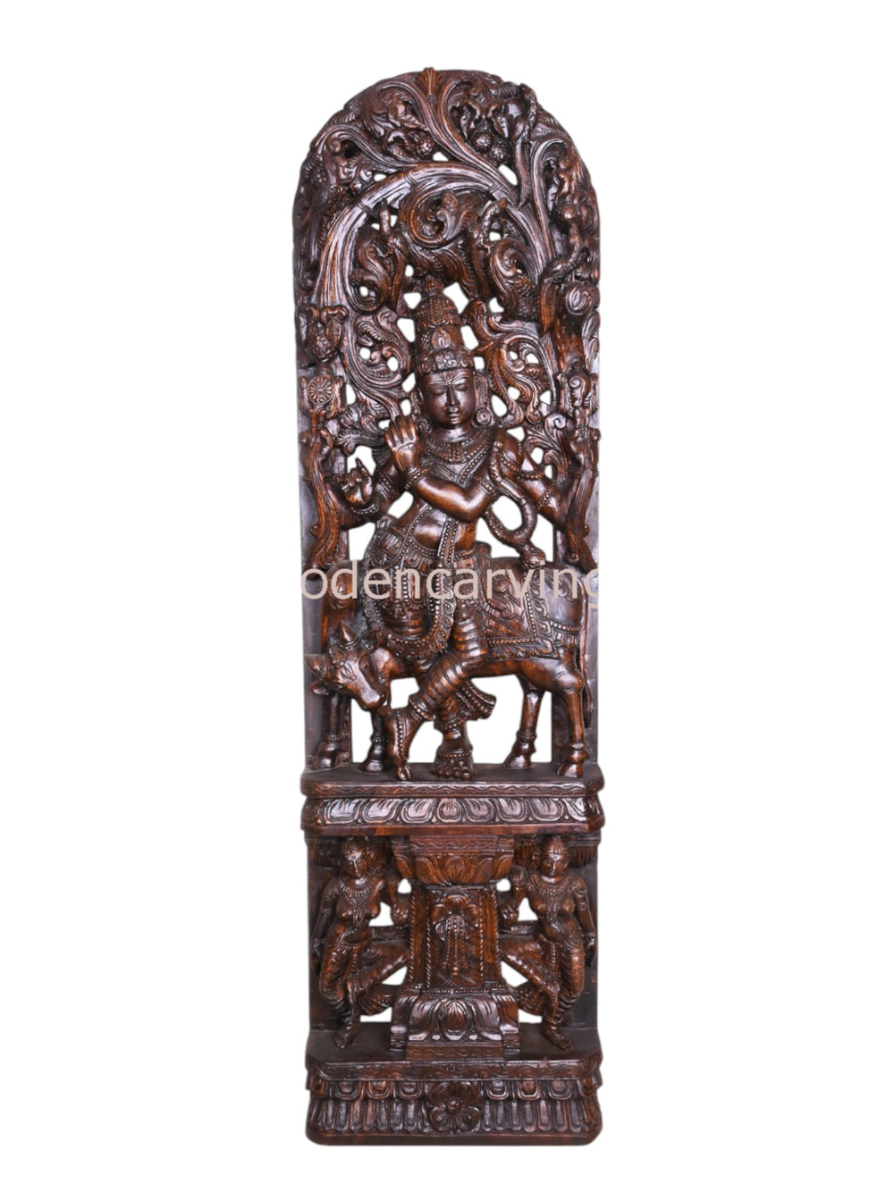 Wooden Krishna with Flute & Cow 