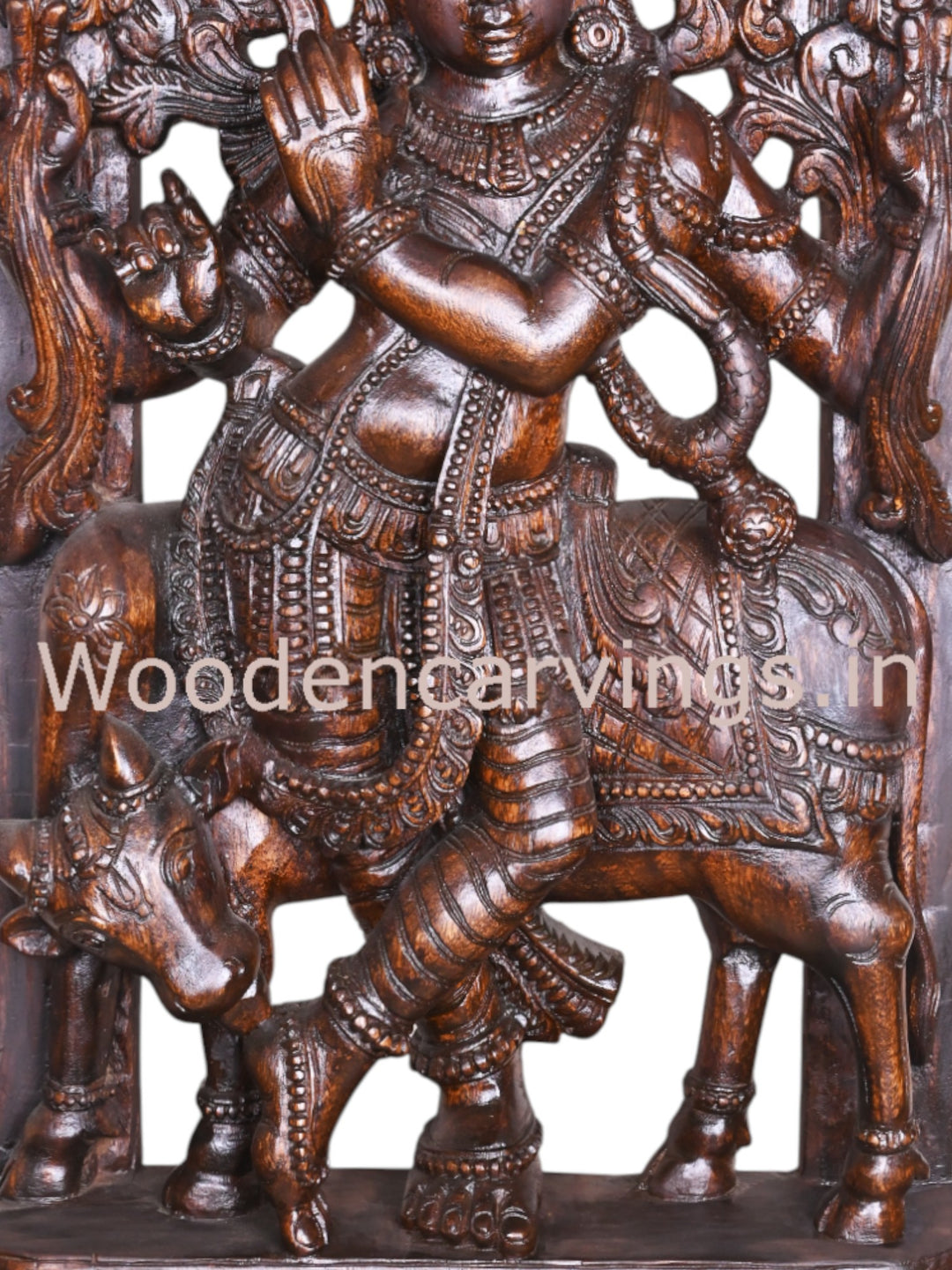 Standing Krishna with Flute & Cow – 60" Wooden Jali Wall Mount