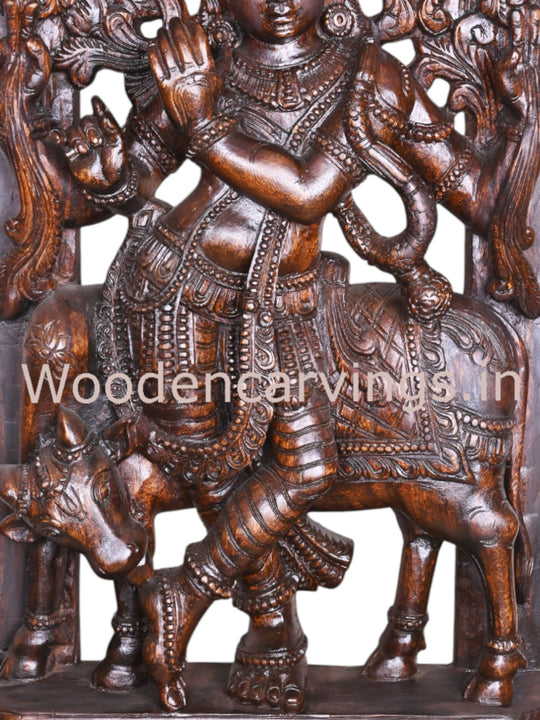Standing Krishna with Flute & Cow – 60" Wooden Jali Wall Mount