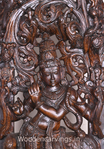 Decorative Standing Krishna Playing With Flute and Cow Wooden Jali Work Handmade Wall Decor Wall Mount 60"